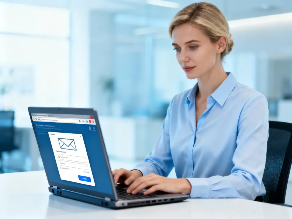 Kobieta pracująca przy laptopie w nowoczesnym biurze podczas logowania się do poczty elektronicznej.