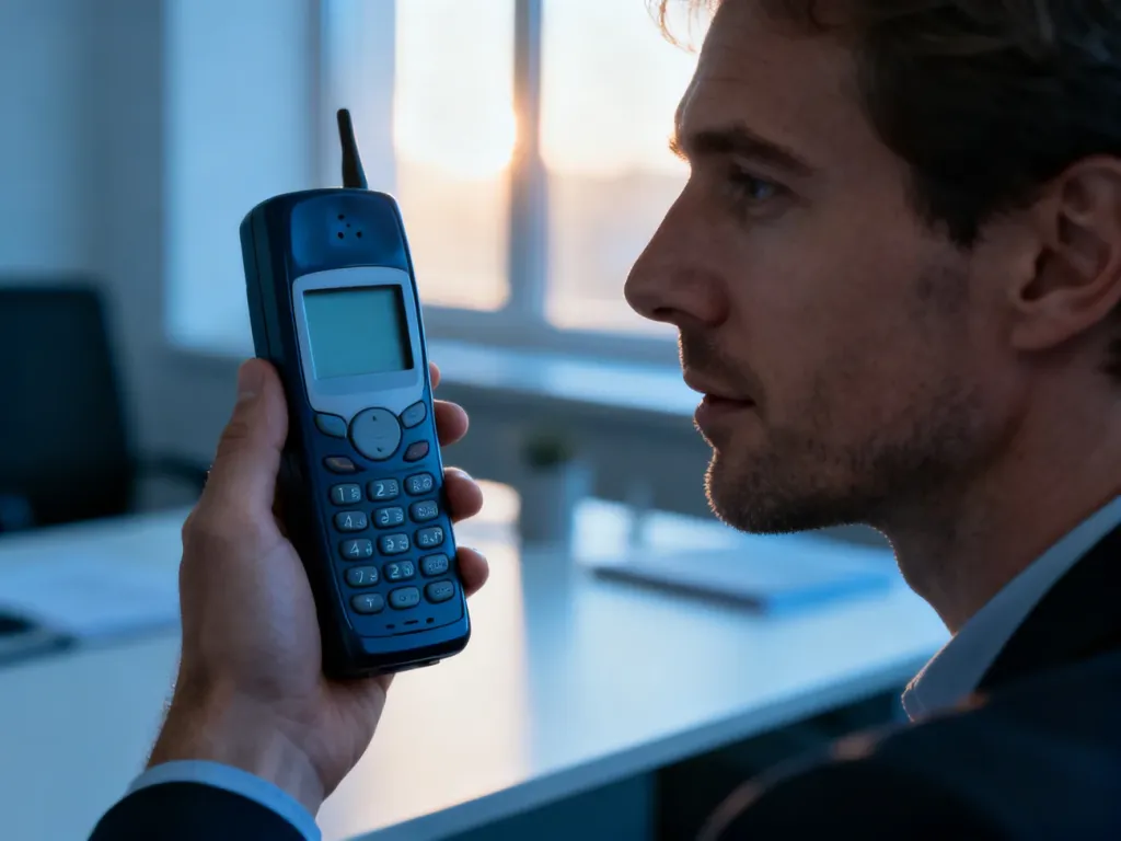 Klasyczny telefon Nokia 1280 trzymany w dłoni na tle nowoczesnego biura. Widoczny monochromatyczny ekran i fizyczna klawiatura.
