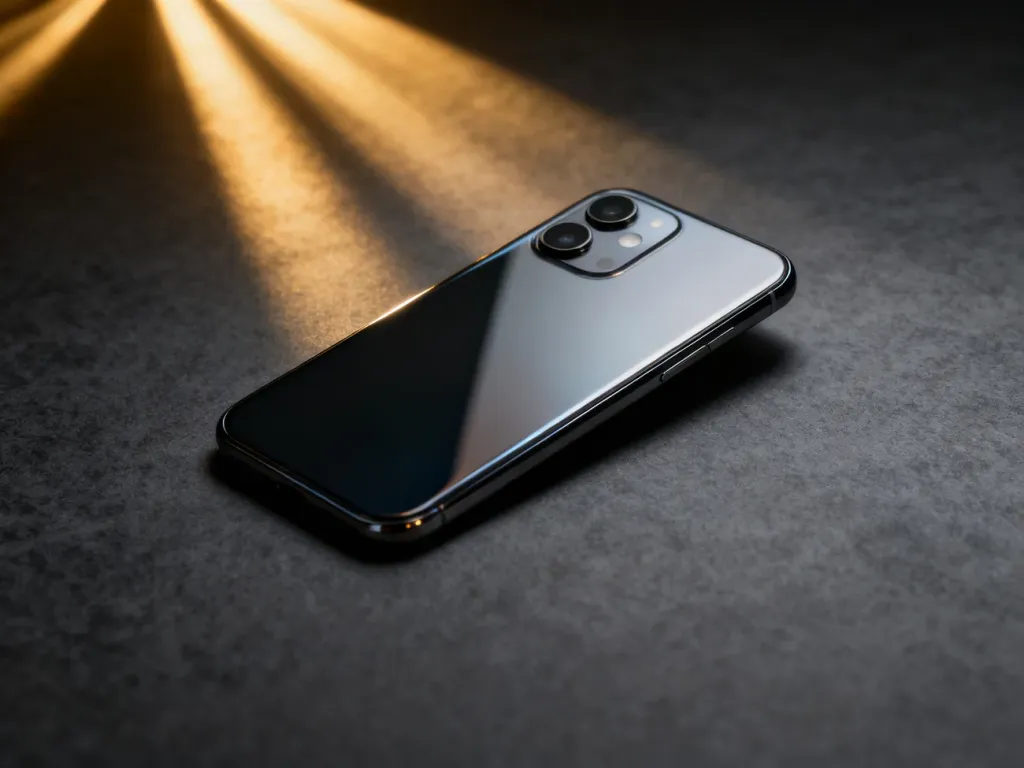 Elegancki smartfon Xiaomi Mi 8 z błyszczącą obudową i podwójnym aparatem na ciemnym, minimalistycznym tle.