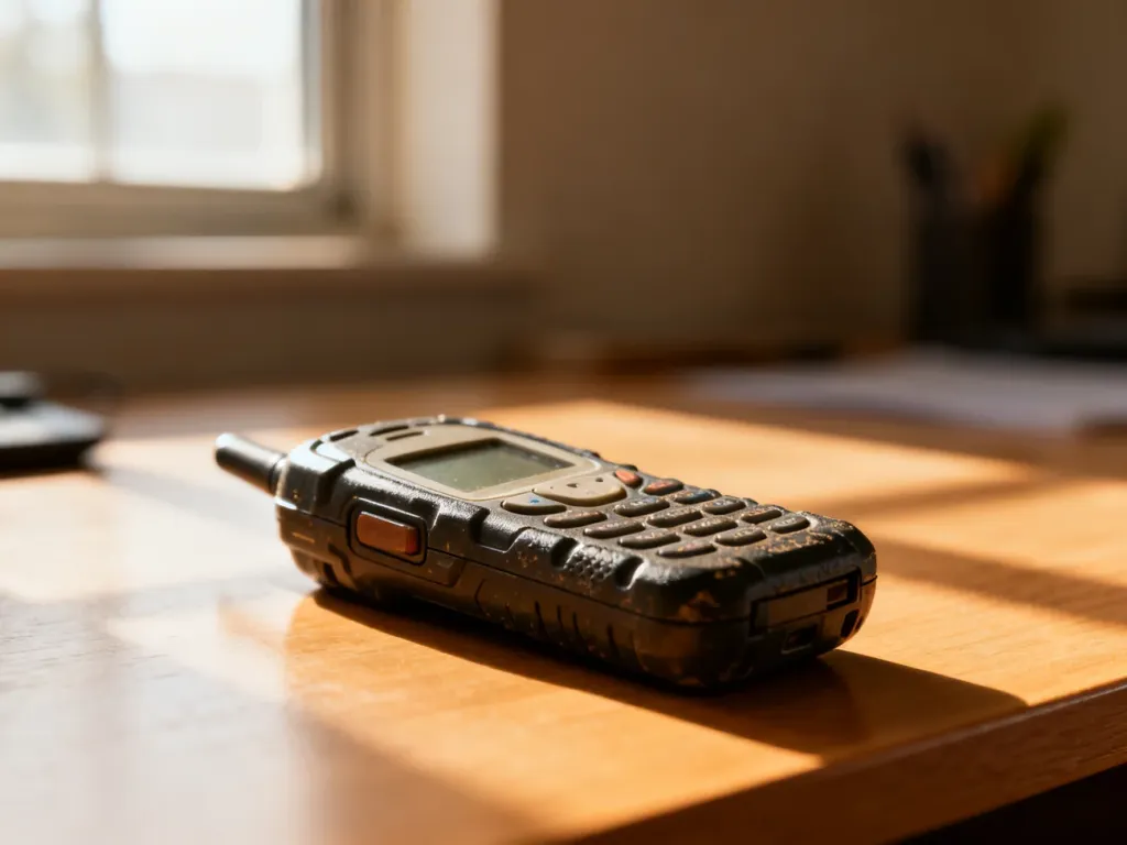 Klasyczny, wytrzymały telefon Siemens ME45 leżący na drewnianym biurku w ciepłym, nostalgicznym świetle słonecznym.