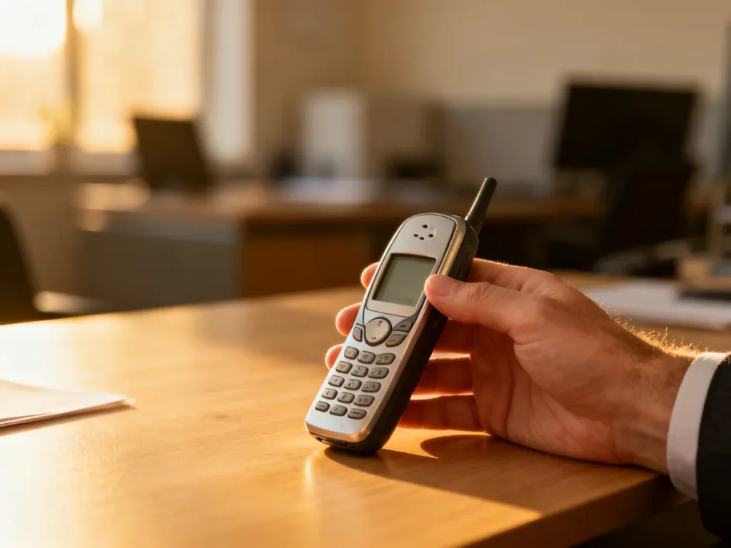 Mężczyzna trzymający klasyczny telefon Nokia 6230 na drewnianym biurku w ciepłym, porannym świetle.