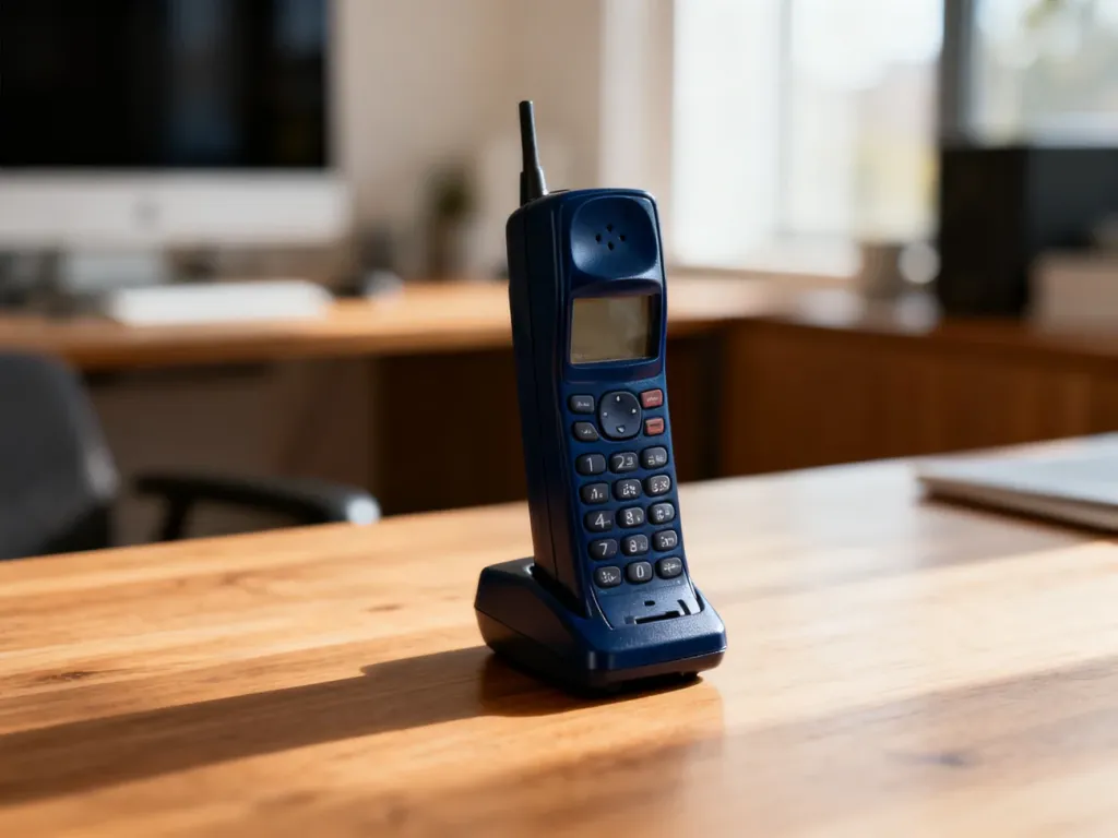 Klasyczny telefon Nokia 3310 w kolorze granatowym leżący na drewnianym biurku w domowym biurze.