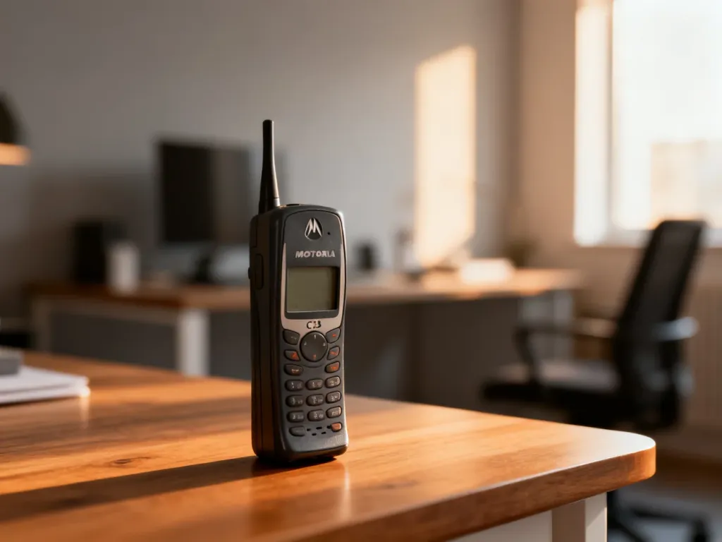 Klasyczny telefon Motorola C139 leżący na drewnianym biurku w nowoczesnym biurze domowym.