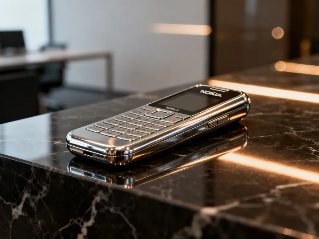 Luksusowy telefon Nokia 8800 ze stali nierdzewnej spoczywający na ciemnym marmurowym blacie w eleganckim oświetleniu.