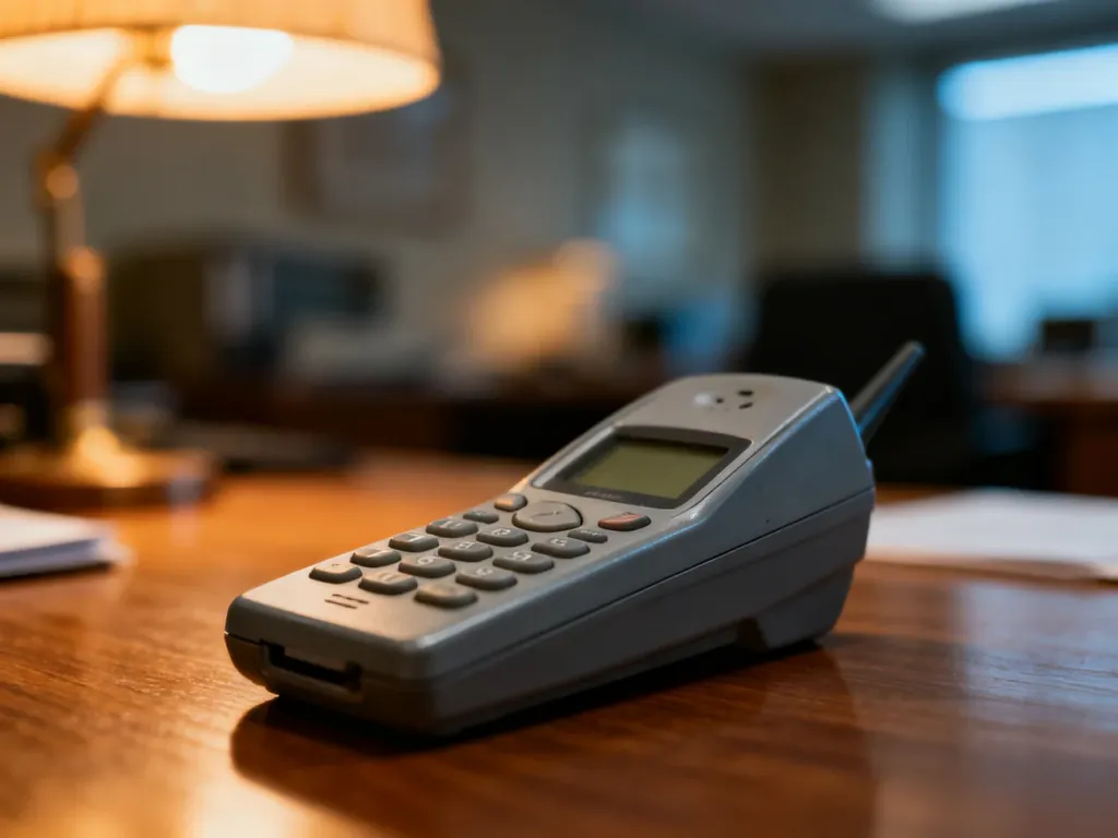 Klasyczny telefon Nokia 2110 leżący na drewnianym biurku w nostalgicznym, retro klimacie lat 90.