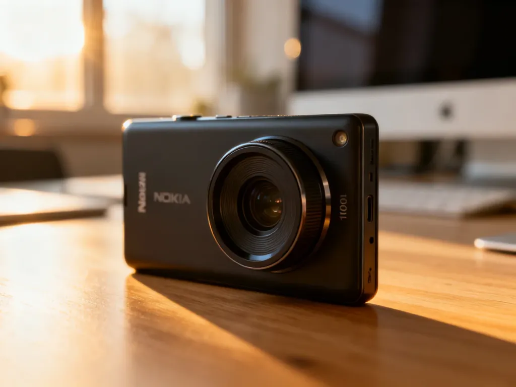 Nokia Lumia 1020 leżąca na drewnianym biurku z wyeksponowanym, charakterystycznym modułem aparatu fotograficznego.