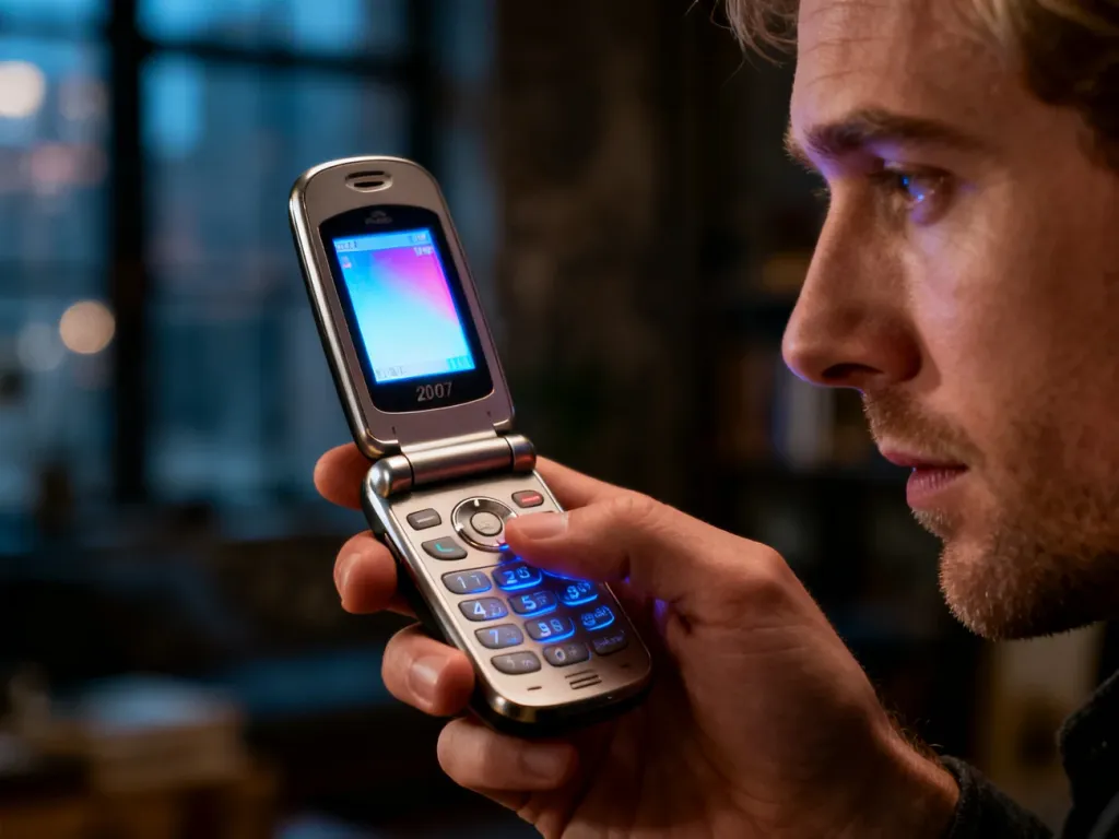 Mężczyzna trzymający w dłoni klasyczny telefon Nokia 5610 XpressMusic z podświetlanym ekranem w loftowym wnętrzu.