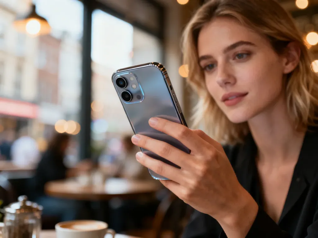 Kobieta trzymająca w dłoni Huawei P20 lite w kawiarni, prezentująca elegancki design i podwójny aparat smartfona.