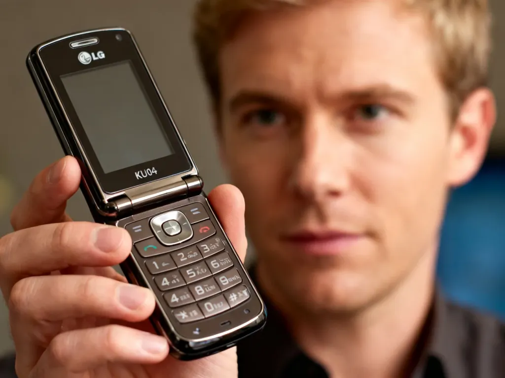 Mężczyzna trzymający w dłoni klasyczny smartfon LG KU990, prezentujący jego ekran dotykowy i elegancki design.