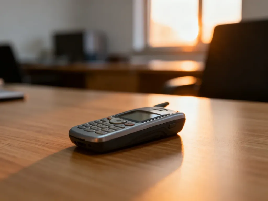Klasyczny telefon komórkowy LG KP100 leżący na drewnianym biurku w słonecznym, biurowym otoczeniu.