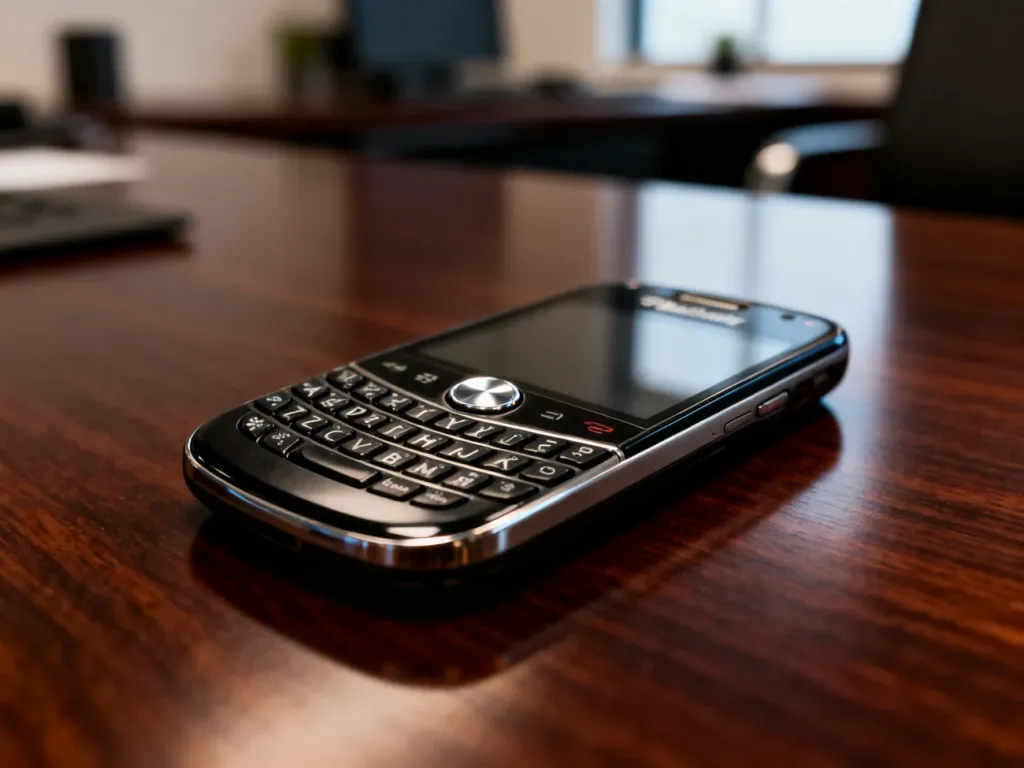 Klasyczna klawiatura QWERTY i trackball smartfona BlackBerry Bold 9000 na eleganckim, mahoniowym biurku.