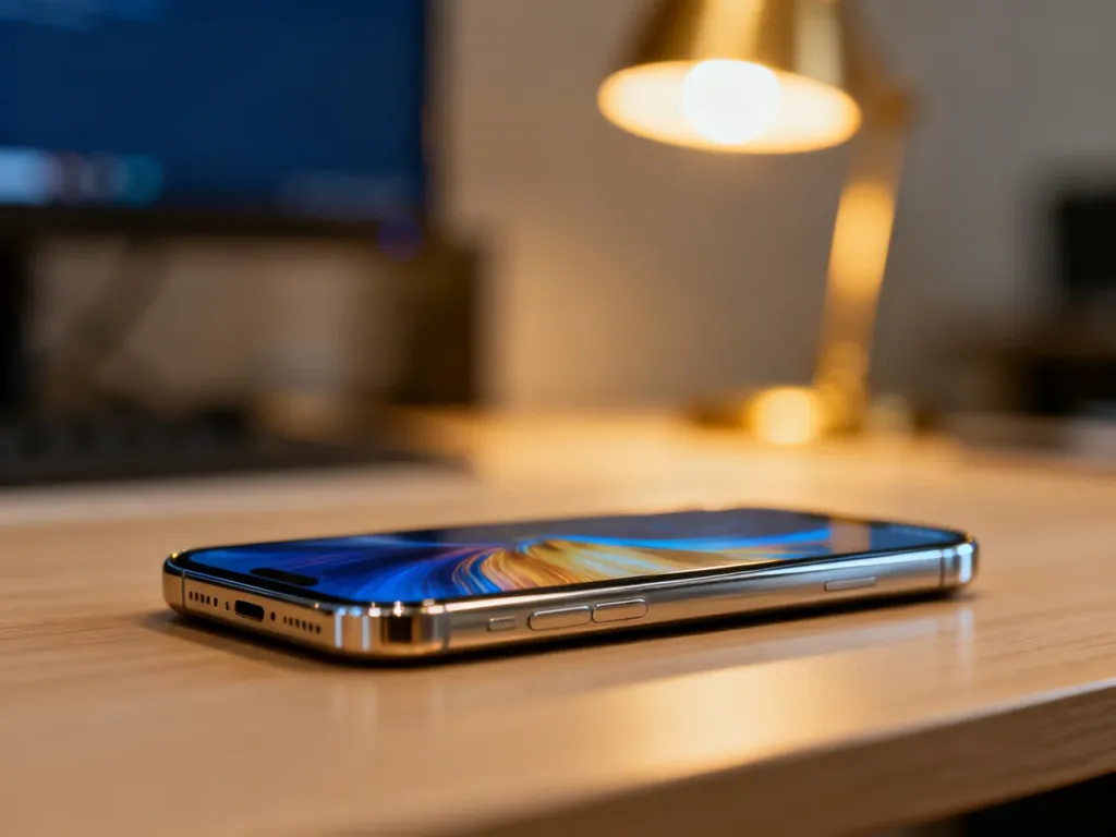 Elegancki smartfon Samsung Galaxy Note 8 leżący na drewnianym biurku w otoczeniu miękkiego, ciepłego światła lampy.