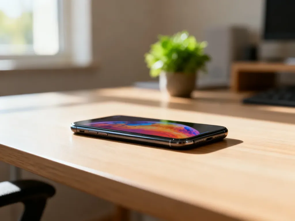Smartfon Xiaomi Redmi 9a leżący na minimalistycznym drewnianym biurku w przytulnym domowym biurze.